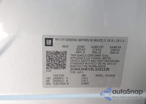 2020 Chevrolet Equinox Fwd Ls z USA, uszkodzony, nr VIN 3GNAXHEV5LS551130
